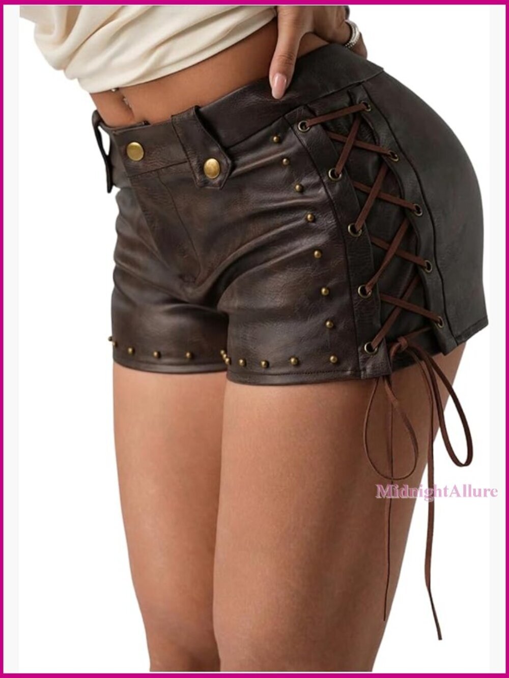 PU Leather Lace Up Shorts Rivet Studded Vintage 90s Mini Casual